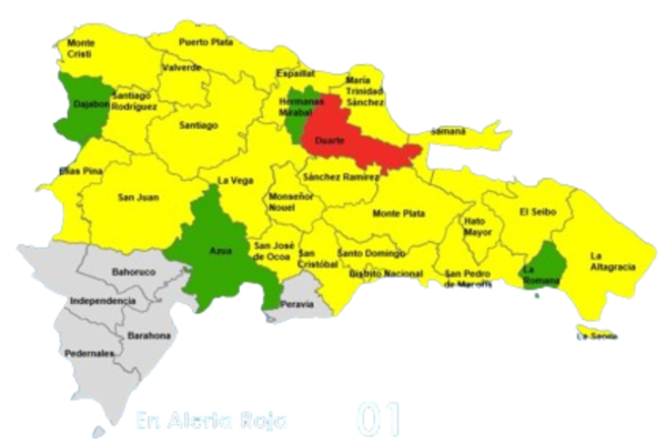 COE mantiene la provincia Duarte en alerta roja, 22 en amarilla y 4 en verde